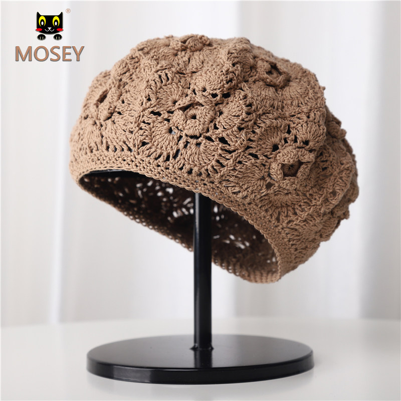 日系春秋薄款镂空手工勾花编织贝雷帽女毛线针织帽夏季网红包头帽