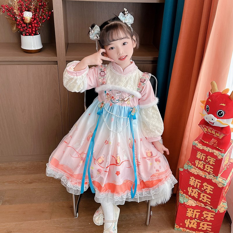 速发小童中国风加绒拜0裙2服2冬季宝宝元旦唐装表演汉年服公主裙