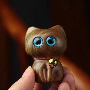 速发直播绿动活檀木雕加菲猫小铃铛创意摆件 可爱小质咪木猫文玩