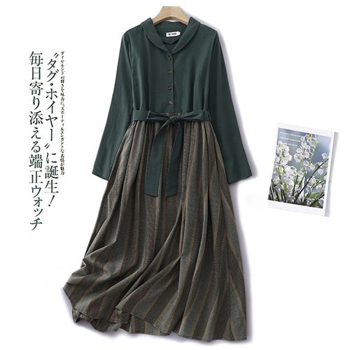 速发文艺复古撞色气质连麻长袖棉衣裙减龄遮肚宽松洋气裙子