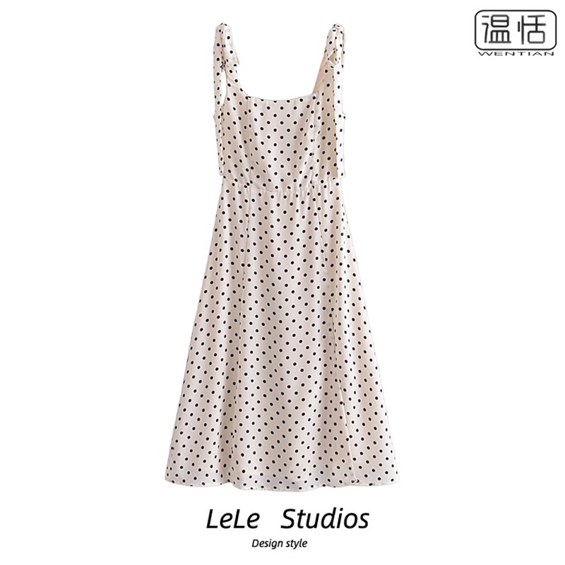 速发收包法】邮式复古波点印花双肩系带蝴蝶结【腰开叉连衣裙
