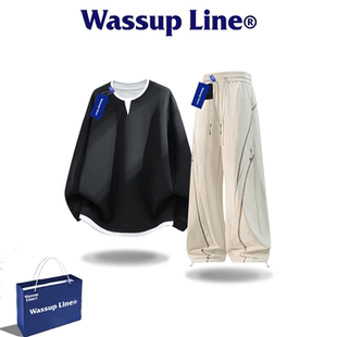 WASSUP LINE潮牌假两件卫衣舒适男宽松休闲简约帅气男生时尚套装