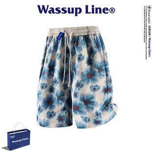 宽松舒适短裤 WASSUP 蓝色满印花沙滩裤 男夏季 Line潮牌休闲五分裤