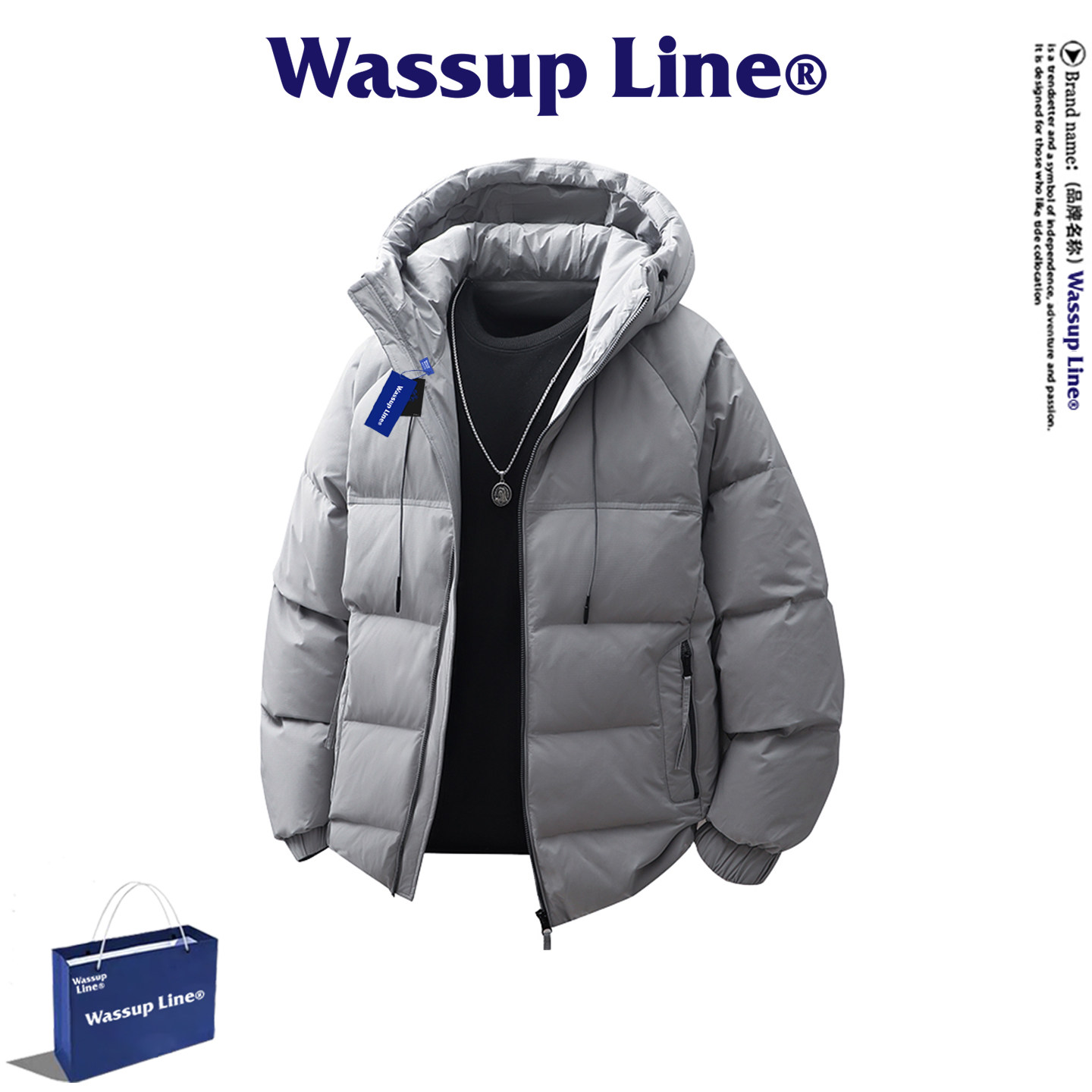 WASSUP Line潮牌设计感短款连帽羽绒服男灰色加厚保暖防寒外套