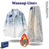 Line潮牌衬衫 扎染长袖 套装 WASSUP 男款 美式 衬衣男秋季 外套两件套