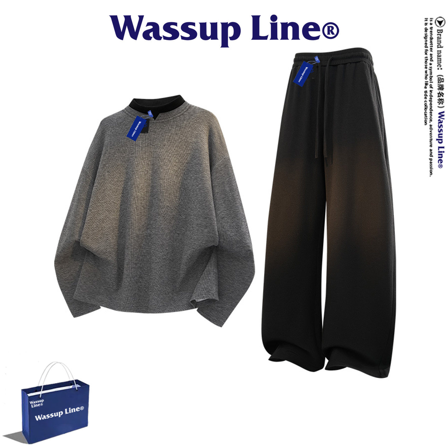 WASSUP Line潮牌美式运动套装男秋冬季休闲高街长袖T恤裤子两件套,男装,休闲运动套装,淘宝优惠券,粉丝福利购,淘宝优惠卷