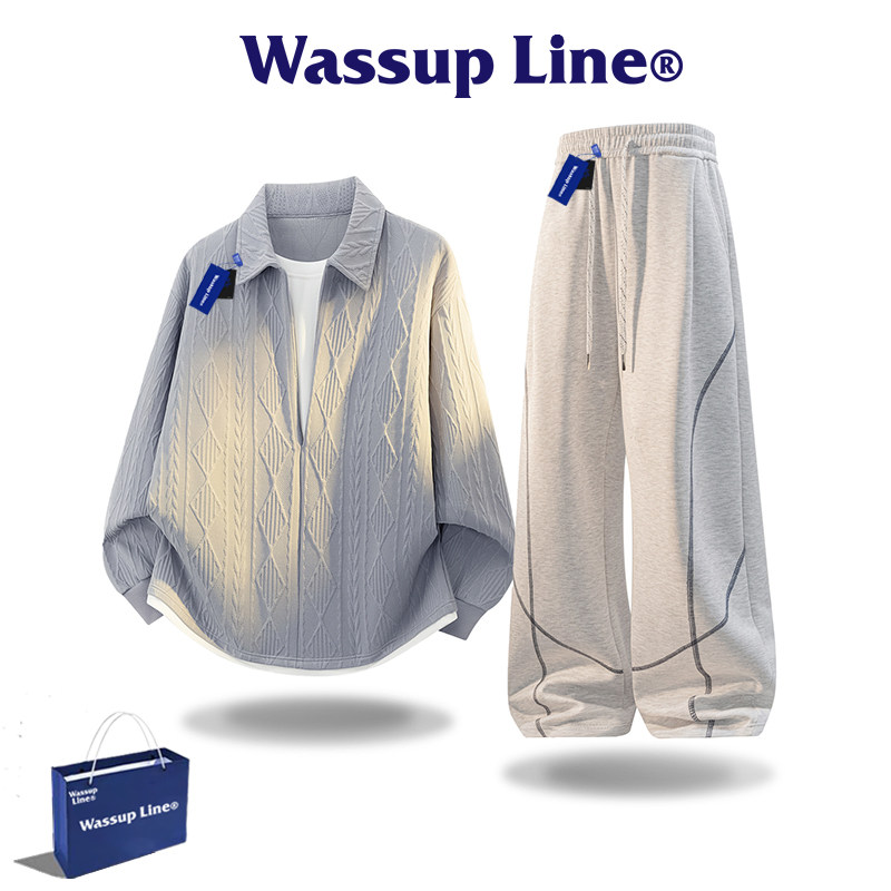 WASSUP Line潮牌痞帅秋冬季男士假两件长袖休闲时尚阔腿长裤套装