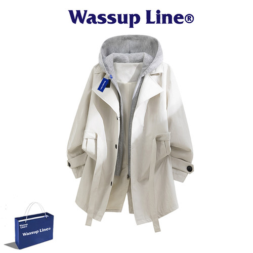 WASSUPLine潮牌假两件连帽风衣