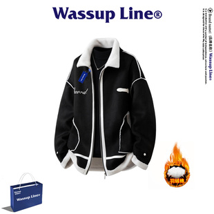 WASSUP Line潮牌美式棉衣男冬季时尚拼色机车翻领加厚保暖外套