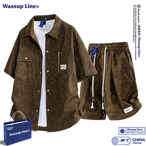 WASSUP Line潮牌夏季扎染休闲套装男宽松短袖衬衫大码短裤两件套