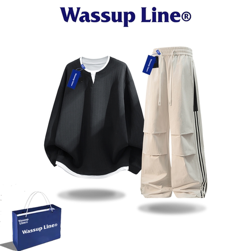 WASSUPLINE潮牌假两件撞色套装