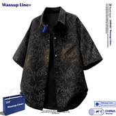 Line潮牌夏季 满印短袖 衬衣男款 WASSUP 宽松百搭透气休闲大码 上衣