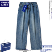 Line潮牌男士 长裤 牛仔裤 美式 WASSUP 男款 夏季 复古直筒宽松阔腿裤