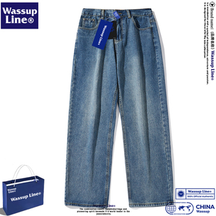 长裤 复古直筒宽松阔腿裤 夏季 WASSUP 牛仔裤 男款 美式 Line潮牌男士