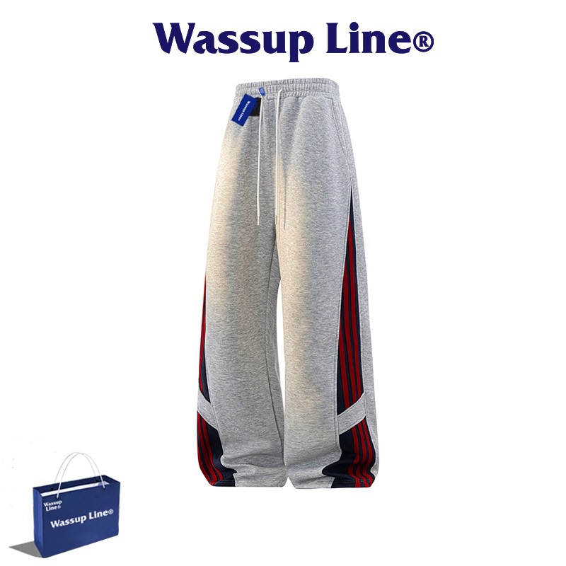 Wassup Line潮牌痞帅慵懒风男士条纹拼接直筒裤宽松运动休闲长裤