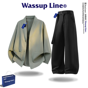 WASSUP Line潮牌套装男款极简风V领衬衫开衫小西装秋季休闲外套男
