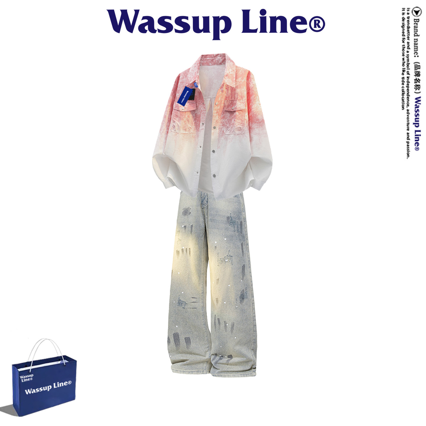 WASSUP Line潮牌时尚个性套装男春季休闲衬衫百搭牛仔裤两件套