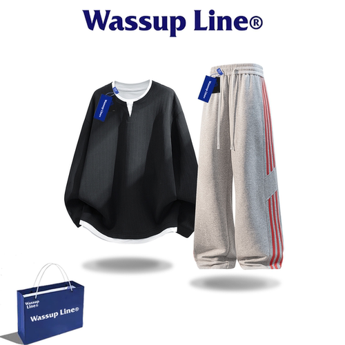 WASSUPLINE潮牌假两件卫衣套装