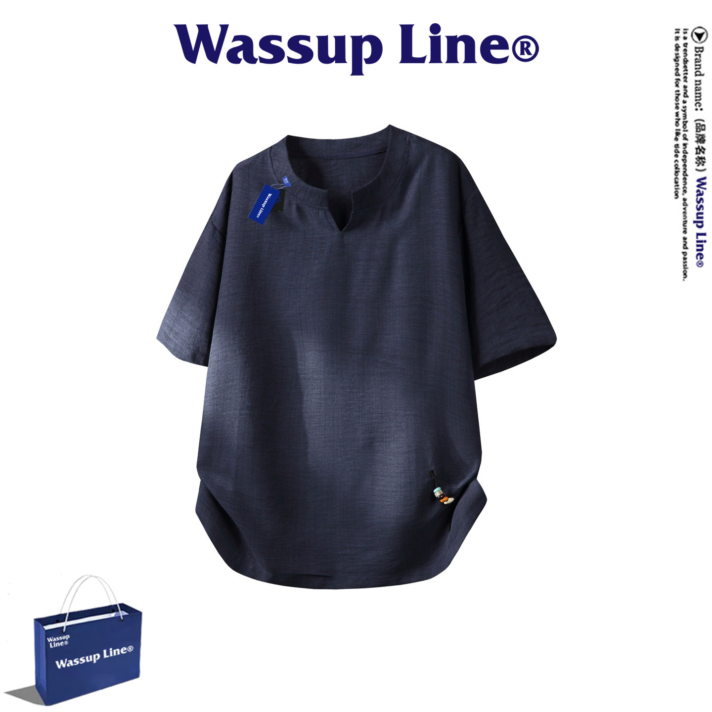 WASSUP Line潮牌休闲短袖T恤男夏季百搭纯色仿麻凉感舒适透气V领