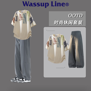 WASSUP Line潮牌套装男款涂鸦街头风短袖夏季运动两件套冰丝裤子