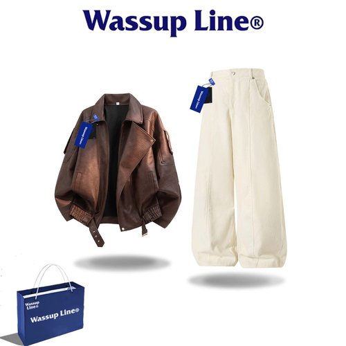 WASSUPLine潮牌皮夹克阔腿裤套
