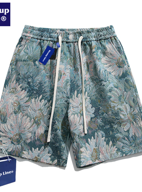 WASSUP Line潮牌五分裤男夏季复古创意图案时尚宽松百搭休闲短裤