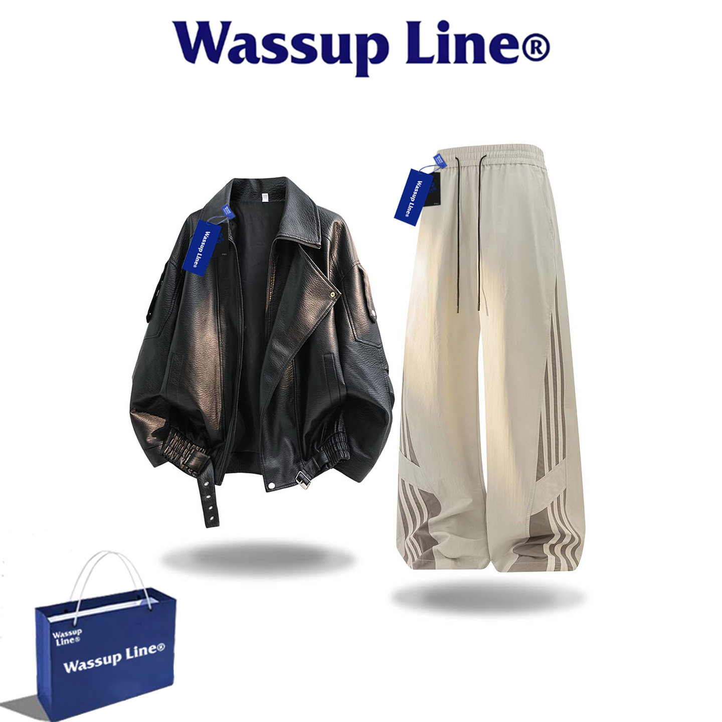 WASSUP Line潮牌时尚感松弛美式复古风皮夹克男秋季长袖休闲套装