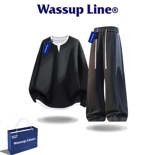 WASSUPLINE潮牌假两件卫衣套装