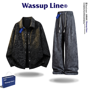 长袖 衬衫 男士 WASSUP 男款 男秋季 轻奢运动长裤 两件套 Line潮牌套装