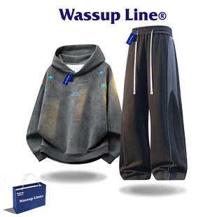 Wassup Line潮牌秋季复古运动套装男款长袖连帽卫衣阔腿裤两件套