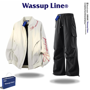 WASSUP Line潮牌美式休闲套装男款春秋季宽松百搭工装外套夹克男