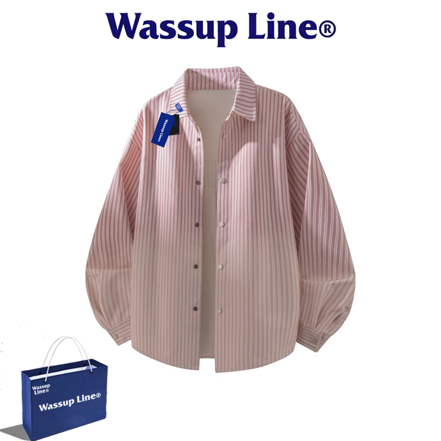 WASSUP LINE潮牌日系条纹衬衫男长袖翻领宽松百搭衬衣松弛感外套