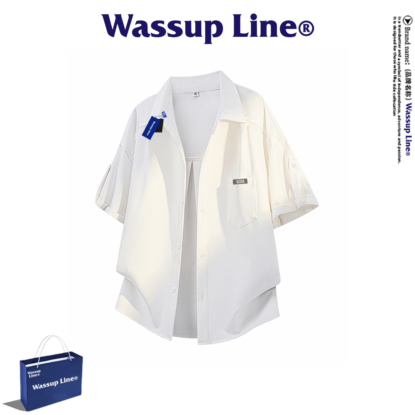 WASSUP Line潮牌休闲短袖衬衫男夏季简约百搭开衫薄款翻领上衣