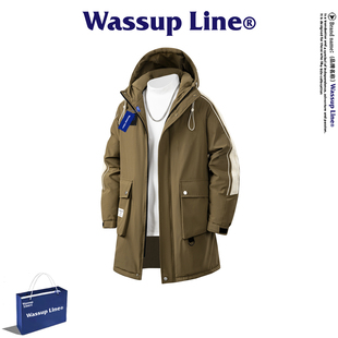 WASSUP Line潮牌时尚户外工装风连帽中长款羽绒服男加厚保暖外套