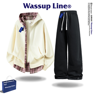 假两件运动两件套秋季 男学院风开衫 Line潮牌连帽卫衣套装 WASSUP