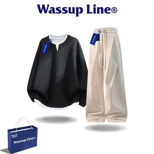 WASSUPLINE潮牌假两件卫衣套装