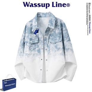 男女加绒加厚翻领外套冬季 WASSUP 衬衫 渐变扎染长袖 Line潮牌美式