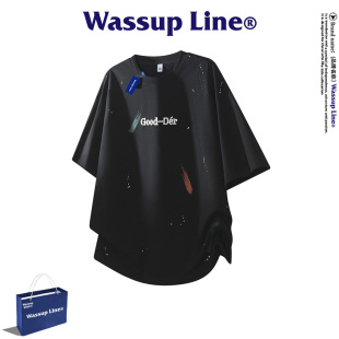 WASSUP Line潮牌休闲短袖T恤男夏季潮流个性英文绣花宽松圆领上衣