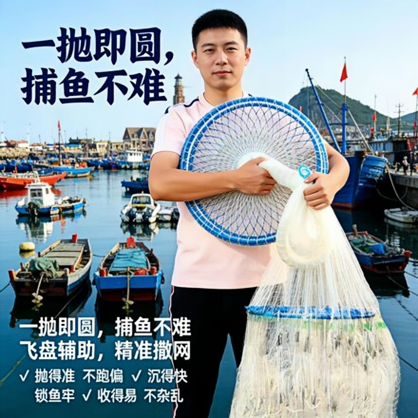 新款圆盘式铁链兜撒网飞盘手抛网自动平衡铅坠大力马线娱乐捕鱼网