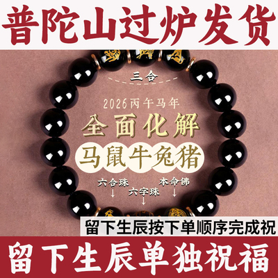 普陀山黑曜石手串正品女三合六合手链十二生肖本命佛男属相马年
