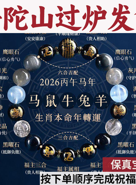 普陀山 五行手串属性补水喜用三合六合手链十二生肖黑曜石海蓝宝