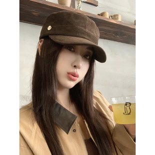 2025秋冬新款复古帽子女韩版百搭麂皮绒平顶显脸小马术帽鸭舌帽潮
