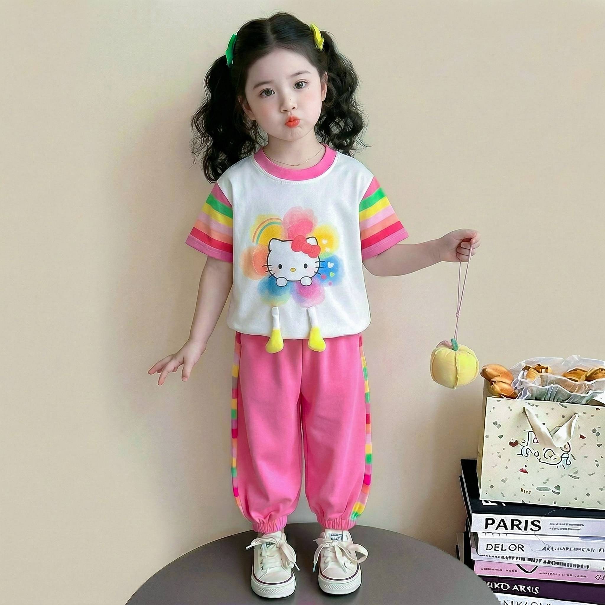 女童套装夏季2026新款儿童卡通猫咪短袖裤子两件套宝宝休闲夏装薄