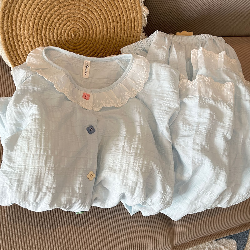 带胸垫蓝色睡衣女春秋夏季云朵棉长袖长裤套装少女甜美开衫家居服
