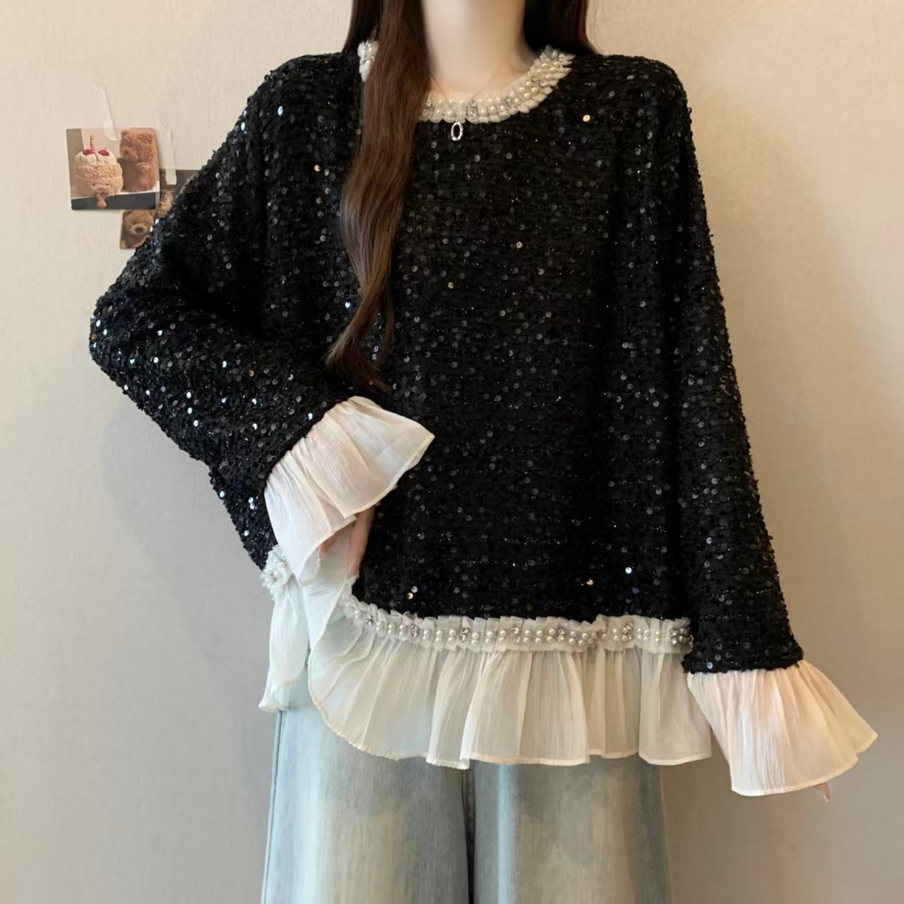实拍～新款时尚拼接花边小香风长袖T恤洋气重工钉珠圆领打底衫,女装/女士精品,大码内搭,淘宝优惠券,粉丝福利购,淘宝优惠卷