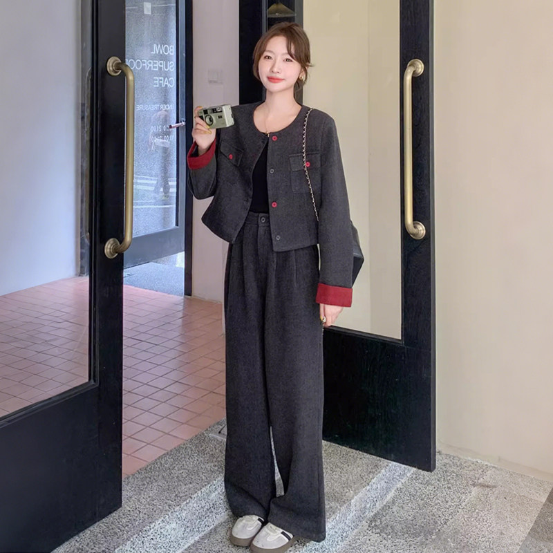 2025新款女早春秋撞色毛呢小香风外套装裤高级感复古阔腿裤一整套,女装/女士精品,时尚套装,淘宝优惠券,粉丝福利购,淘宝优惠卷