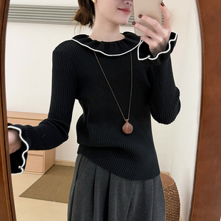 话里淑女风百搭花边打底衫2025冬季新款韩版修身显瘦减龄上衣内搭