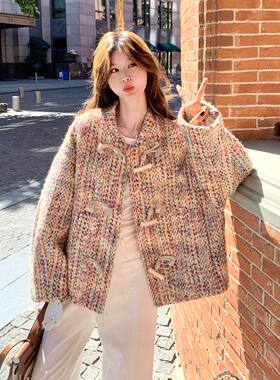 彩色粗花呢外套女秋季新款韩系小香风减龄巨好看牛角扣大衣棉外套