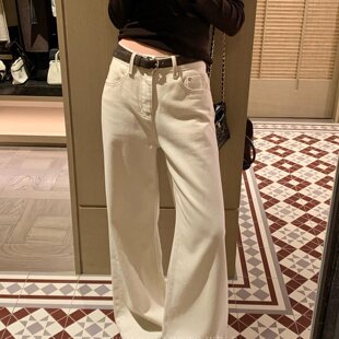 黑豆哼哼 雪线信标*米杏色牛仔裤女秋显瘦百搭微阔拖地长裤送腰带