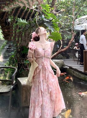 Ashy Snow 3/31仲夏甜梦 印花雪纺荷叶边度假风连衣长裙